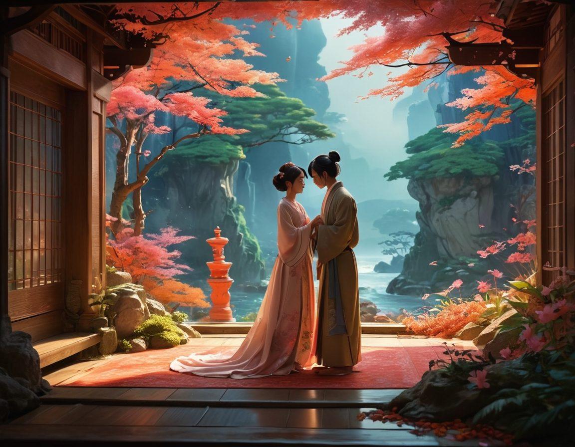 A captivating blend of sensual art showcasing diverse animated characters engaged in intimate moments, each representing various mature themes; a dreamlike atmosphere with soft lighting and ethereal colors to enhance emotional depth. Incorporate subtle hints of Japanese aesthetics. The background should be abstract and dreamy, evoking a sense of exploration and fantasy. vibrant colors. surreal style.